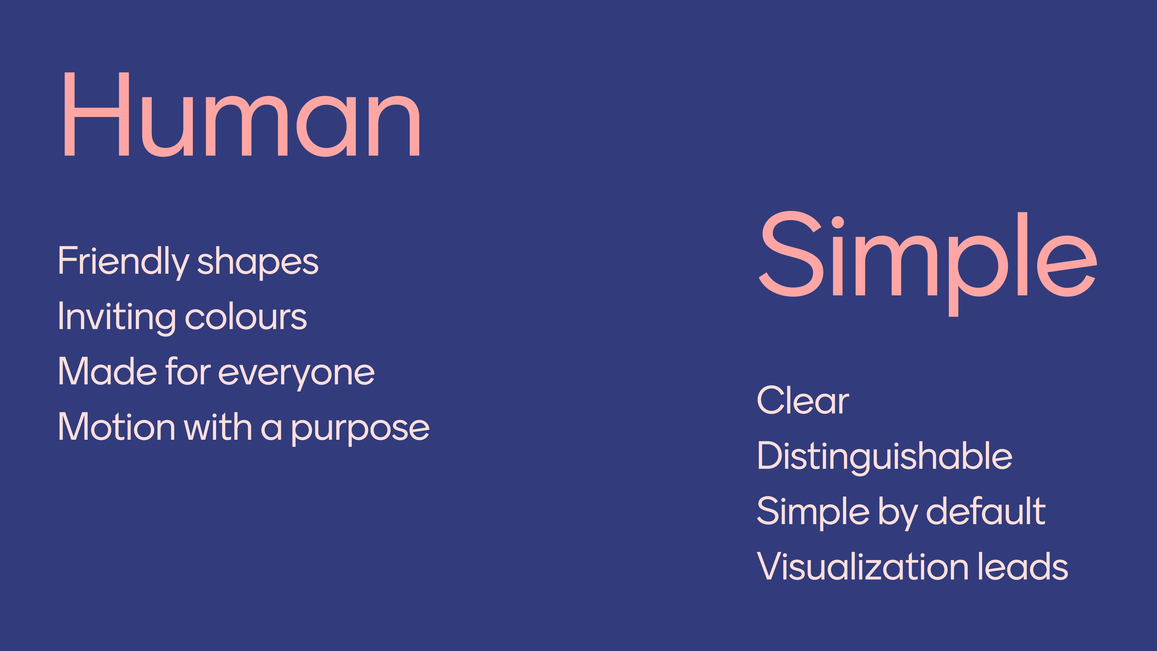 The design principles. Top left, Human: friendly shapes, inviting colours, made for everyone, motion with a purpose. Lower right, Simple: clear, distinguishable, simple by default, visualization leads.